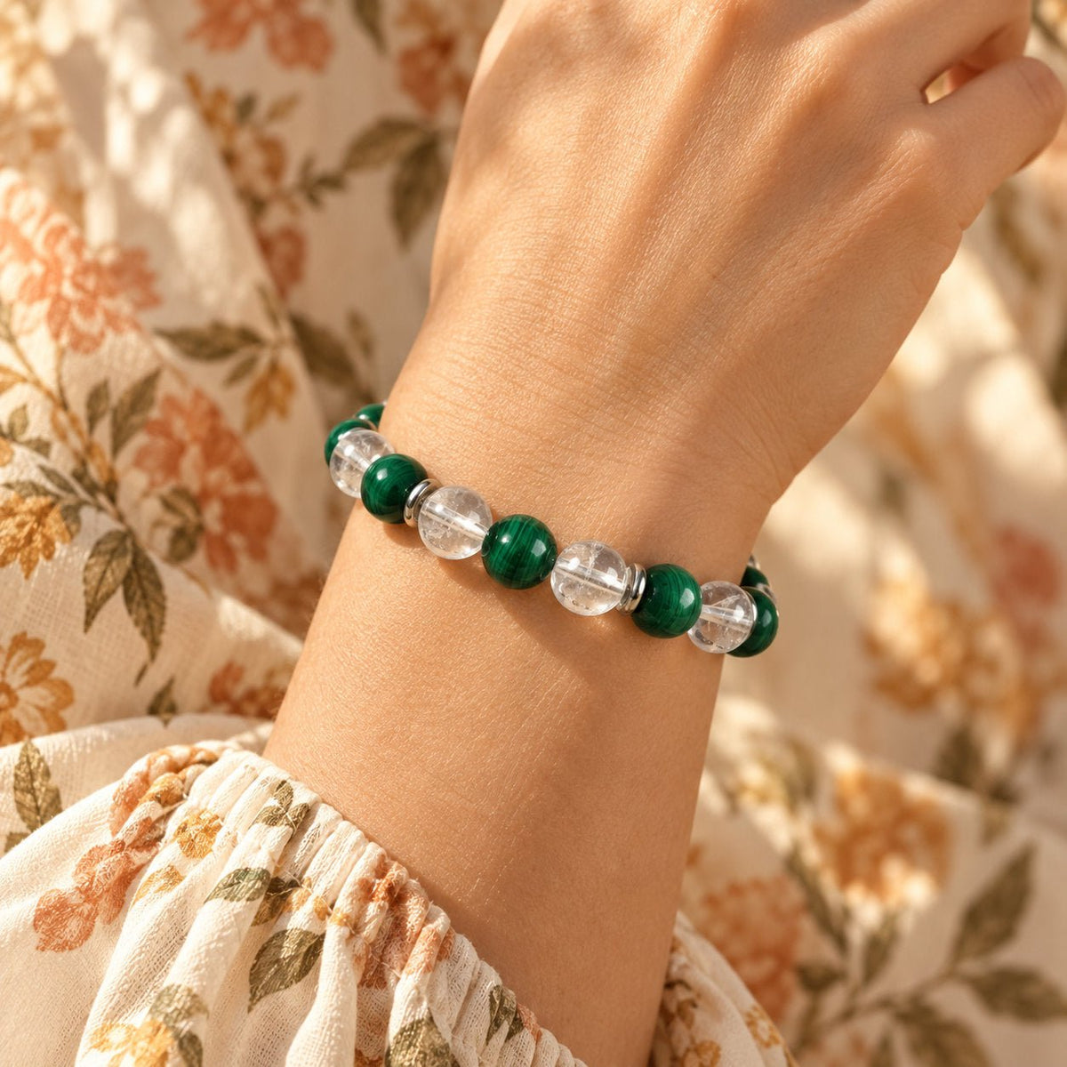 Bracelet en pierres naturelles de malachite et cristal de roche, anti-inflammatoire — photo 2