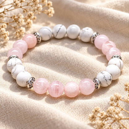Bracelet en pierres naturelles de quartz rose et howlite, pour l’amour et la douceur — photo 3