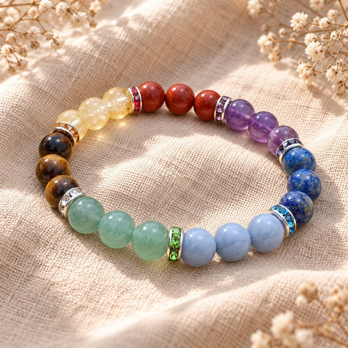 Bracelet 7 chakras unisexe en pierres naturelles, avec séparateurs ornés de cristaux — photo 3