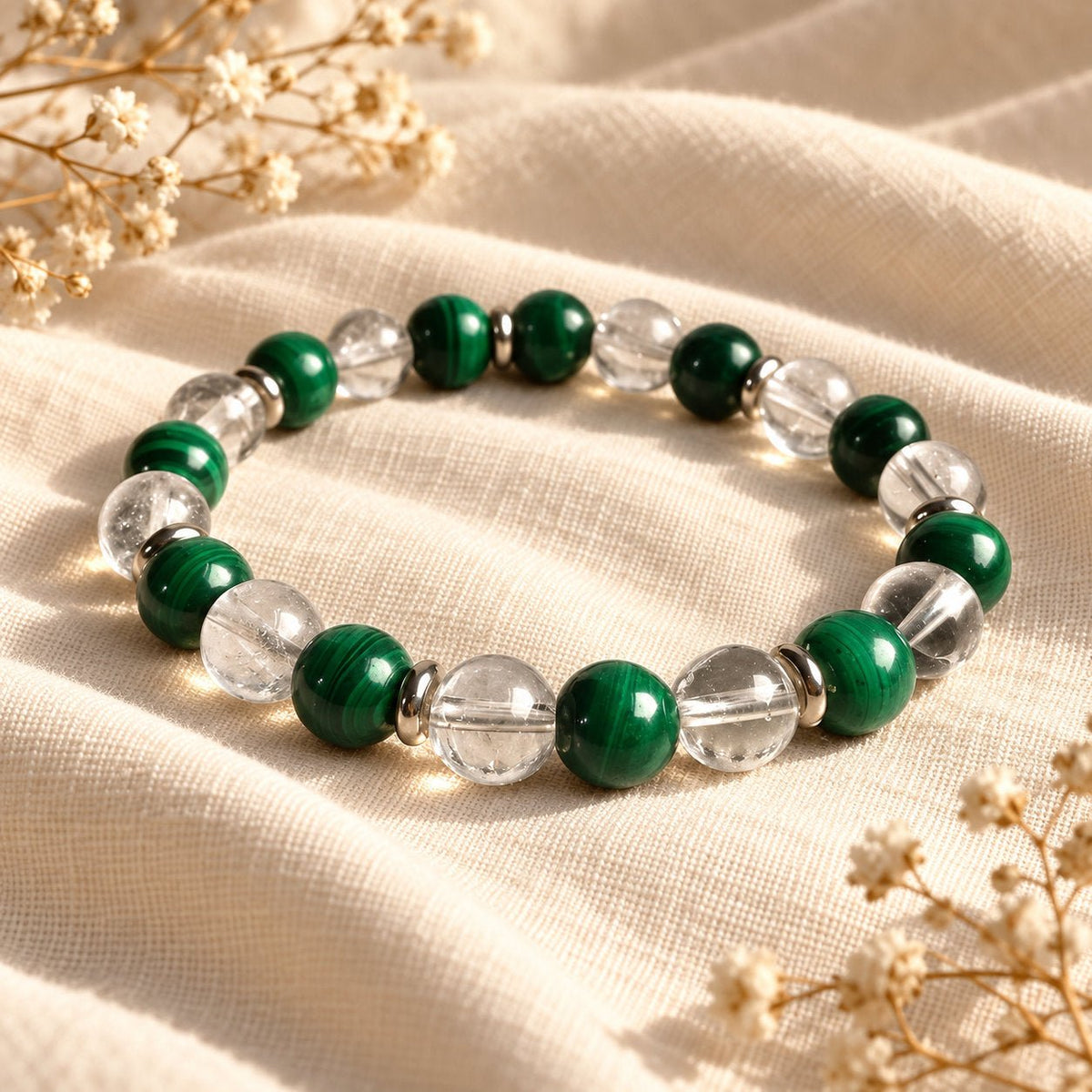 Bracelet en pierres naturelles de malachite et cristal de roche, anti-inflammatoire — photo 3
