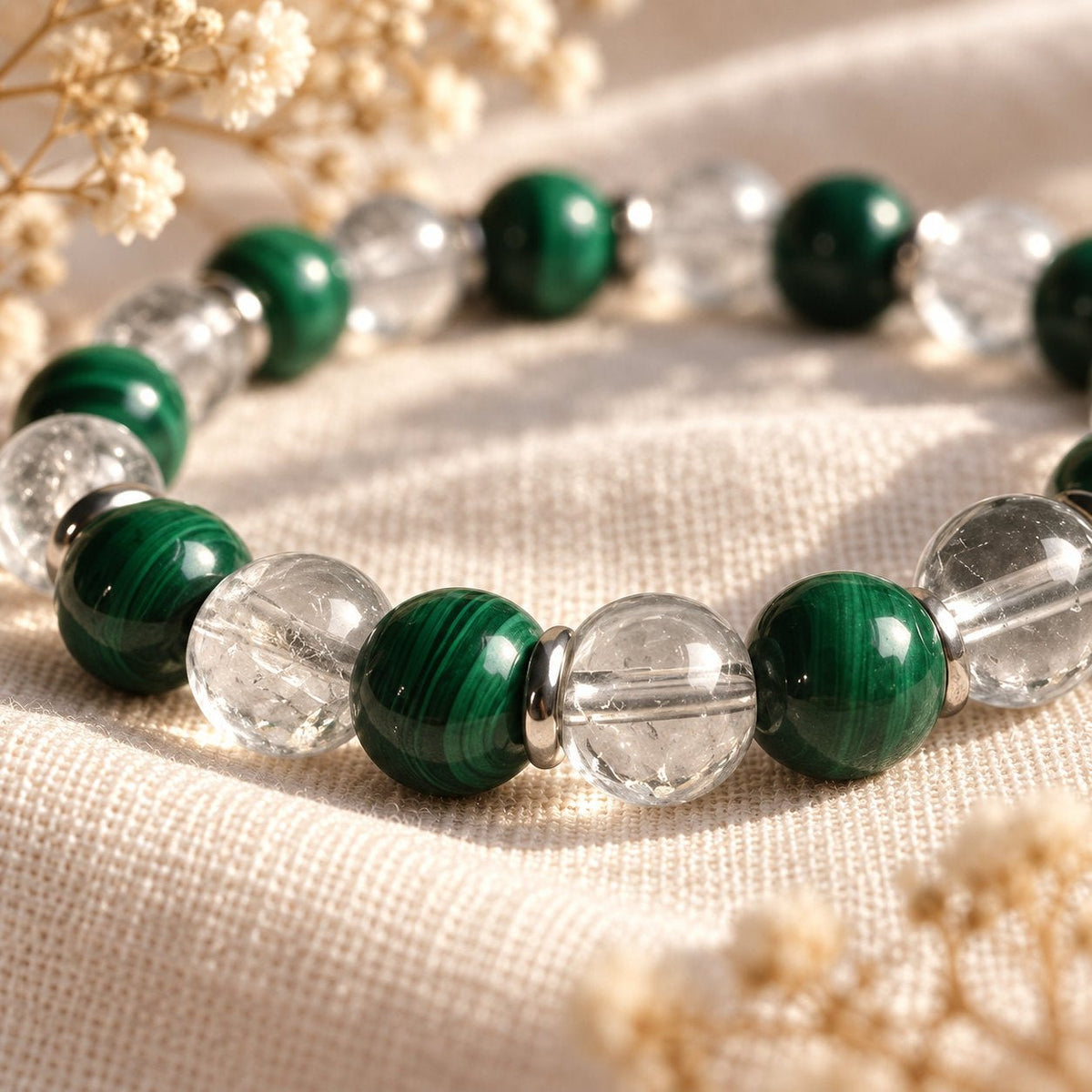 Bracelet en pierres naturelles de malachite et cristal de roche, anti-inflammatoire — photo 4