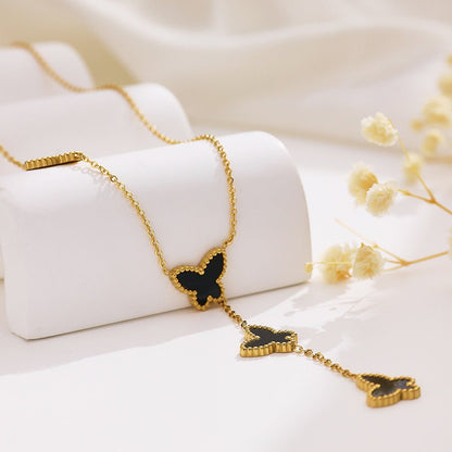 Collier cravate pour femme, pendentifs papillons, émail coloré et acier inoxydable plaqué or 18K
