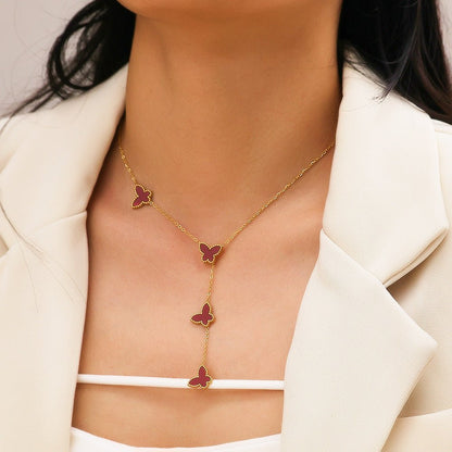 Collier cravate pour femme, pendentifs papillons, émail coloré et acier inoxydable plaqué or 18K