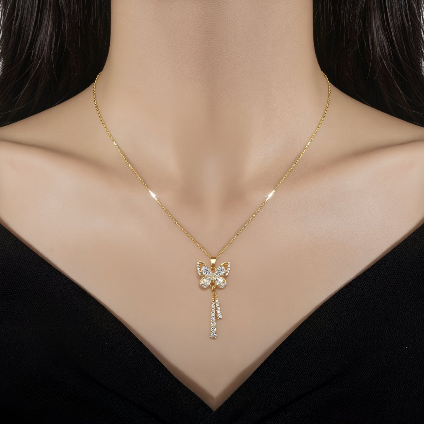 Collier doré à pendentif papillon, pampilles scintillantes en acier inoxydable, modèle Aubertine