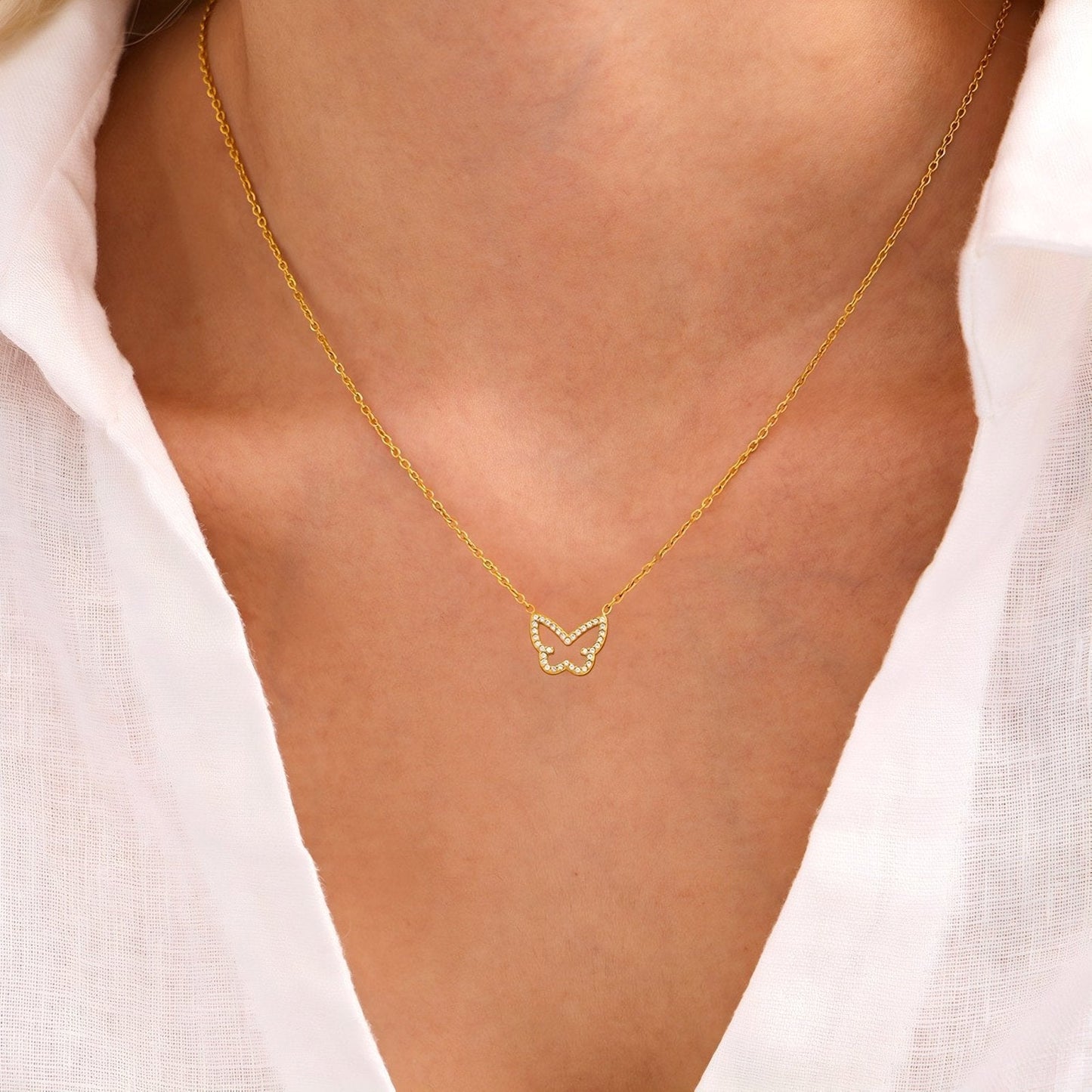 Collier pendentif papillon, acier doré ou argenté, serti de zircons, modèle Jayleen