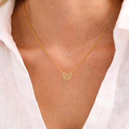 Collier pendentif papillon, acier doré ou argenté, serti de zircons, modèle Jayleen